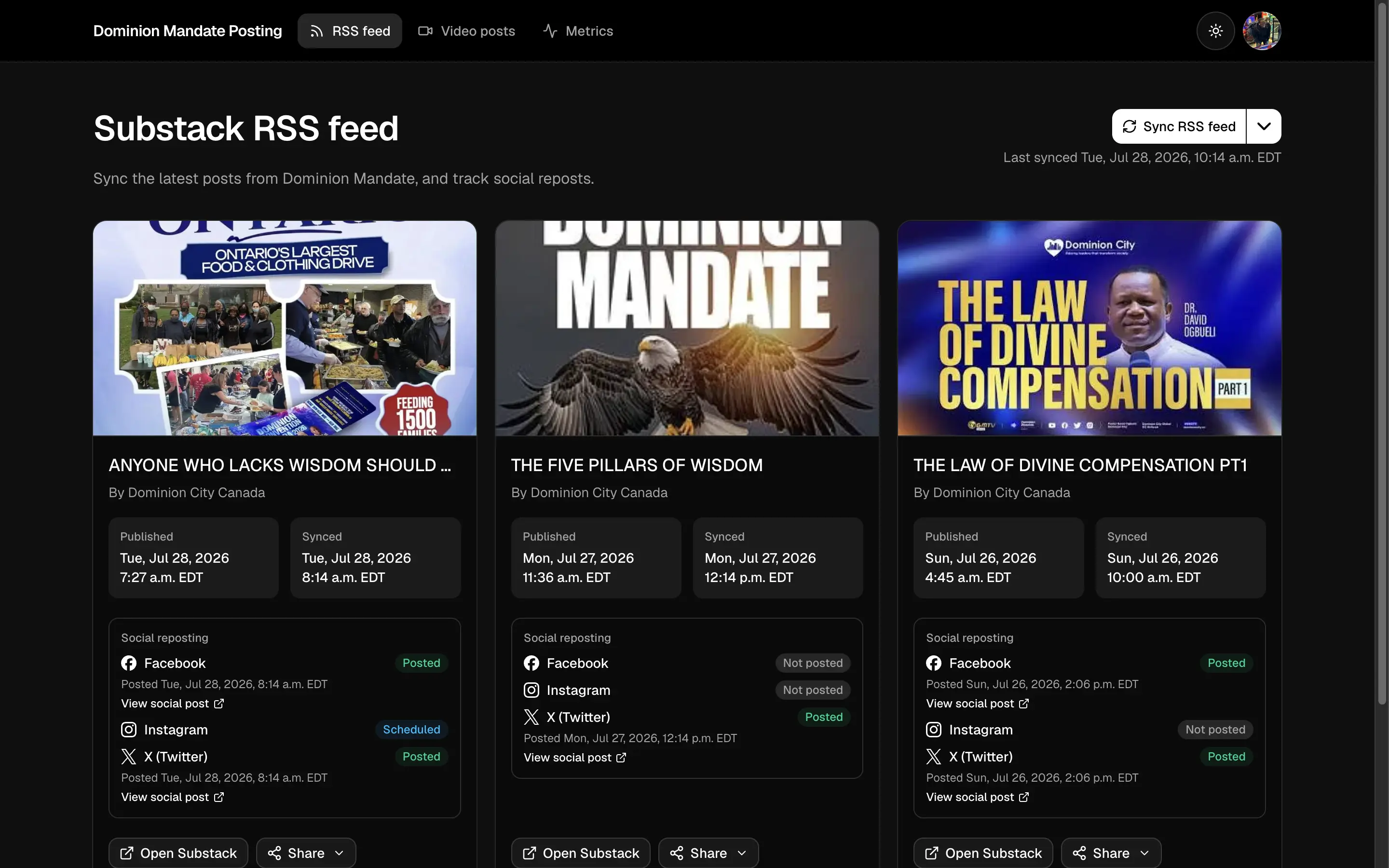 Dominion Mandate Posting dashboard with Substack posts and social repost statuses
