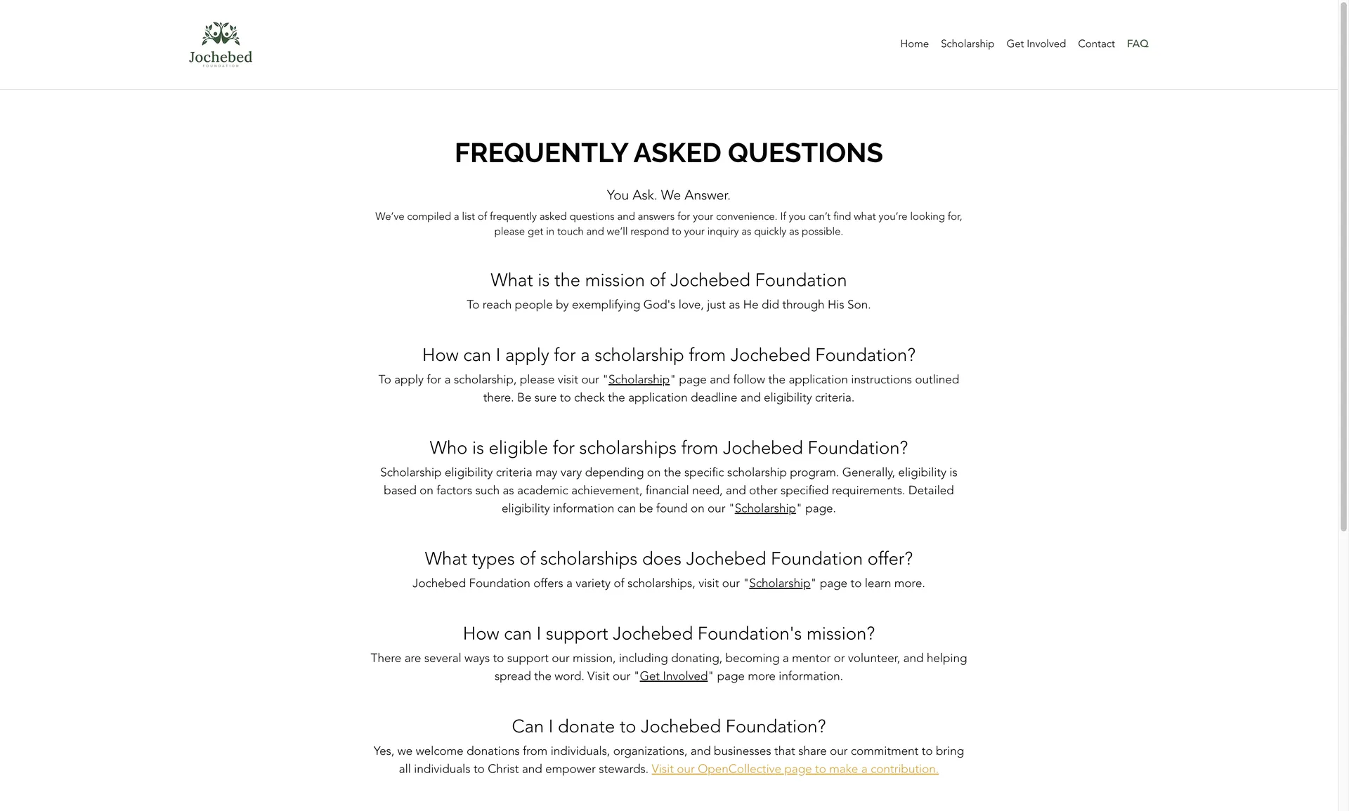 Jochebed Foundation frequently asked questions page