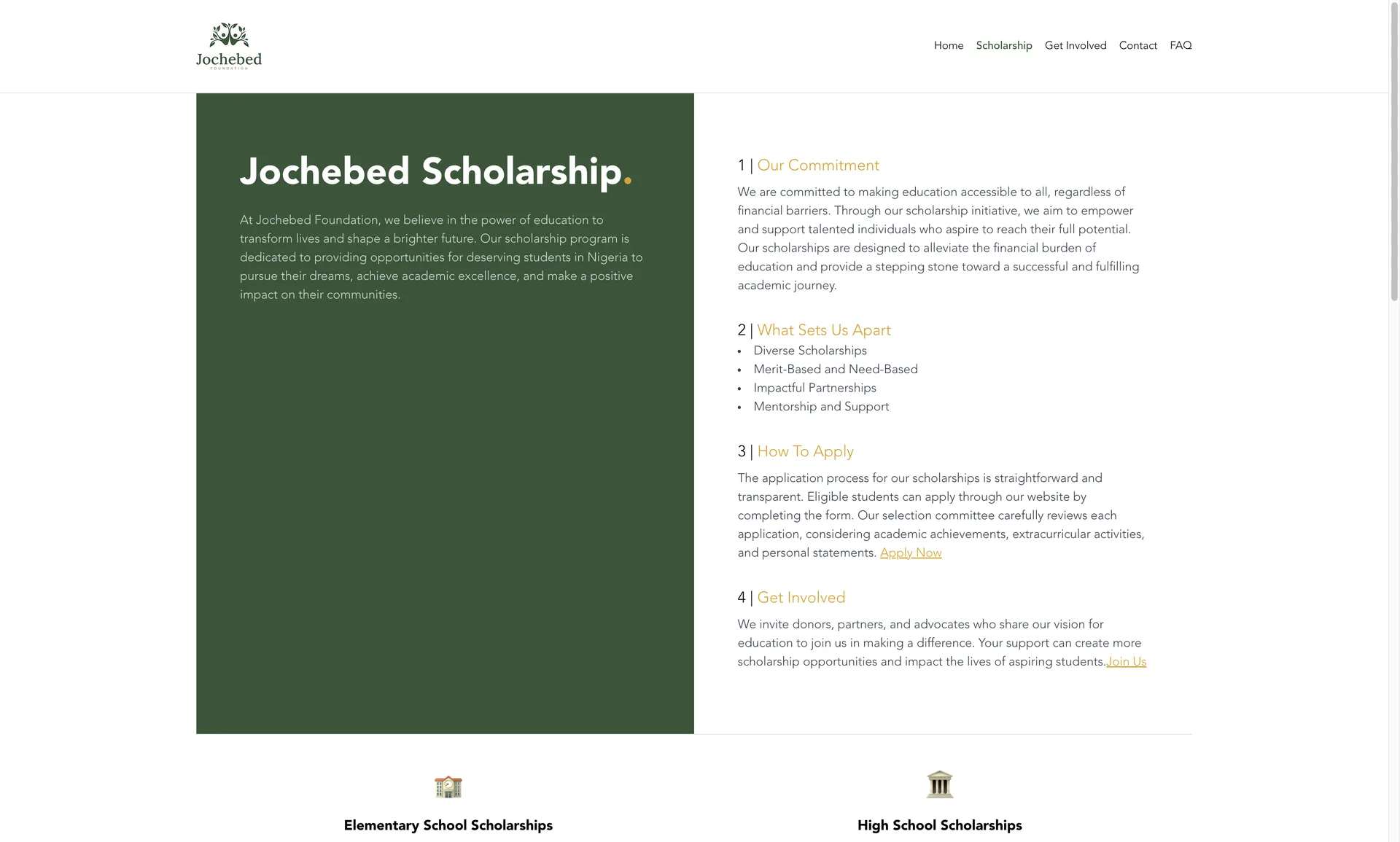 Jochebed Foundation scholarship page