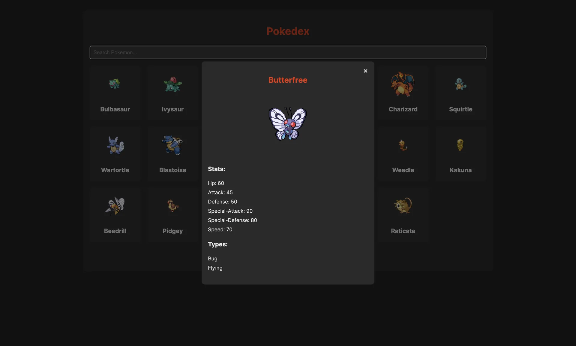 Knockout Pokedex Butterfree details modal with stats and types