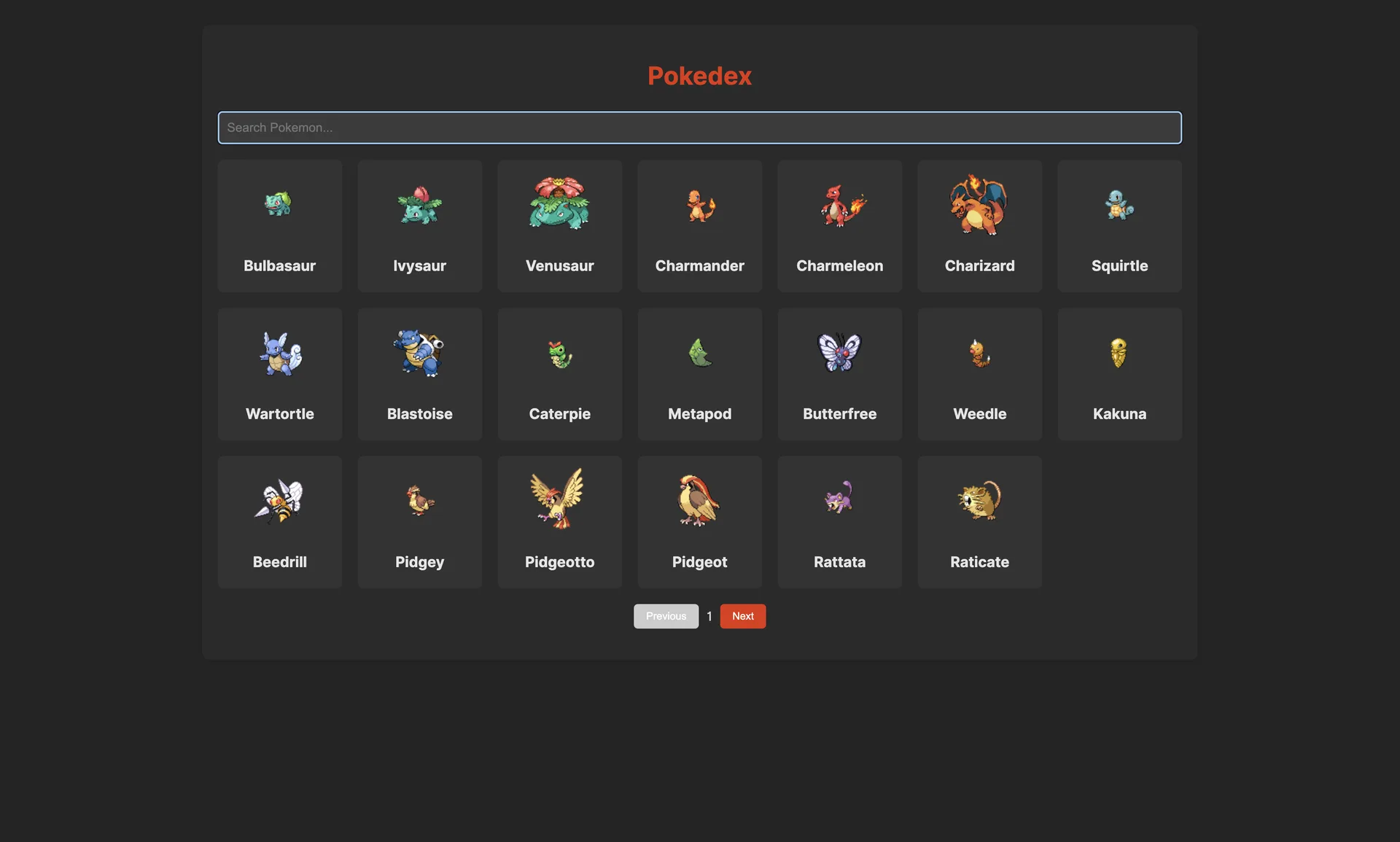 Knockout Pokedex homepage with the first generation Pokémon grid