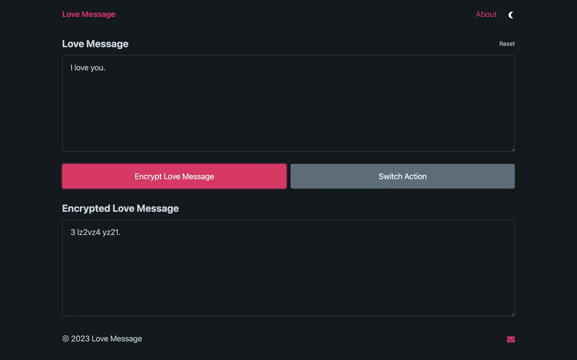 Love Message encrypted message output for I love you.