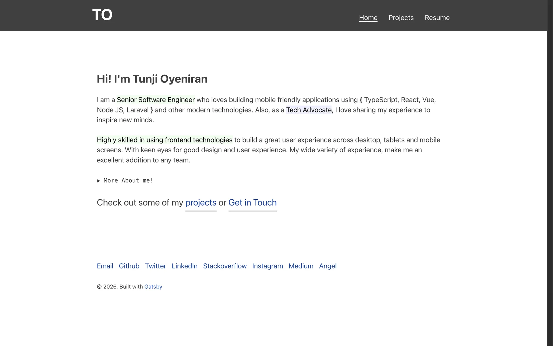 Tunji Oyeniran old portfolio home page