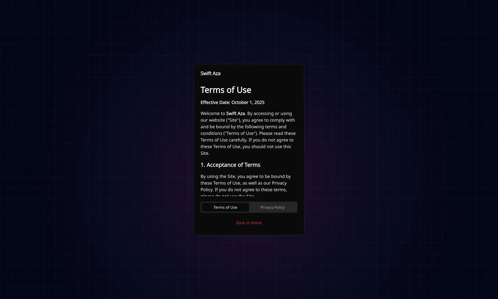 Swift Aza Terms of Use page