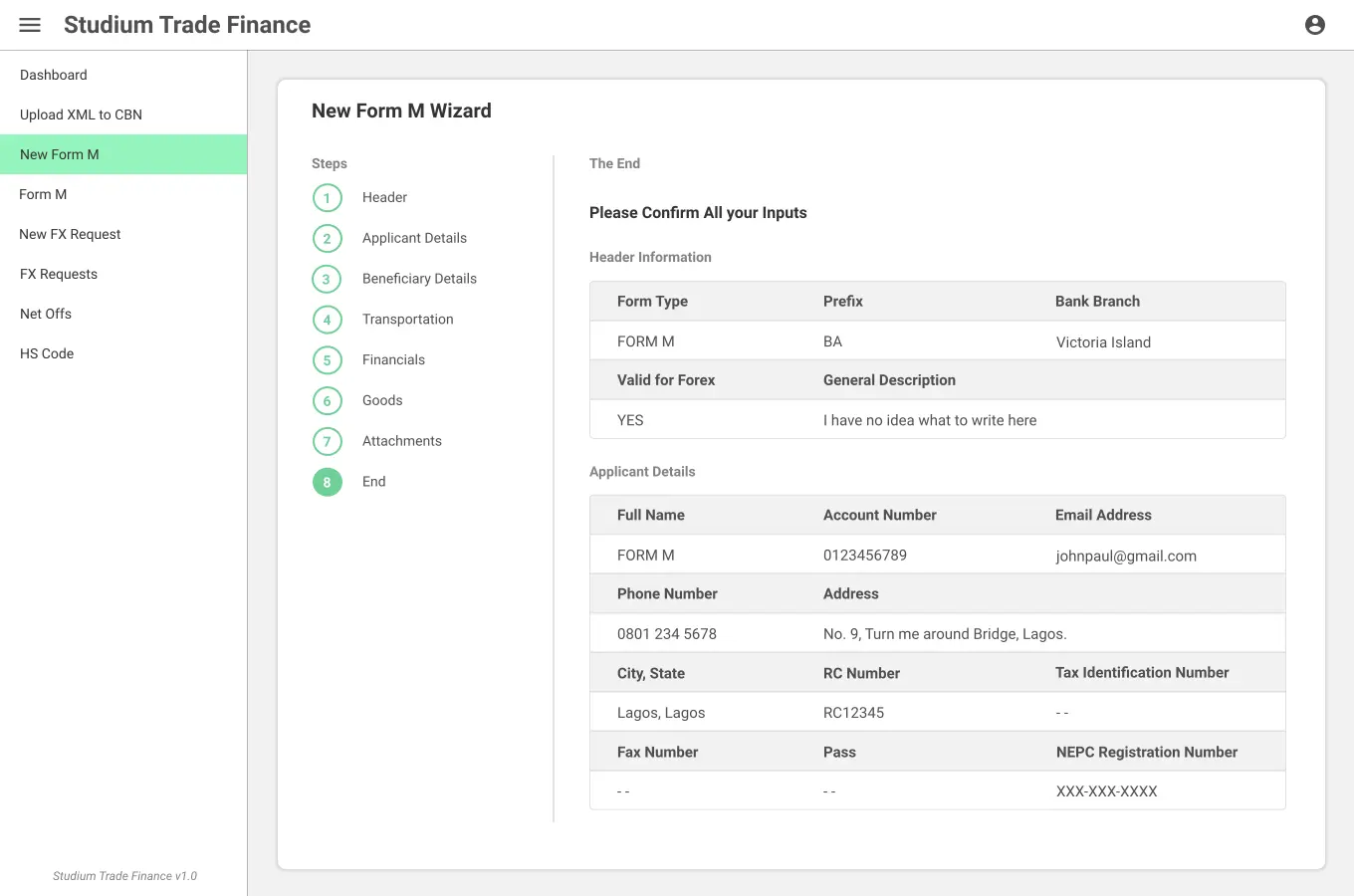 Trade Finance UI/UX Design New Form M - End - Part 1 screen