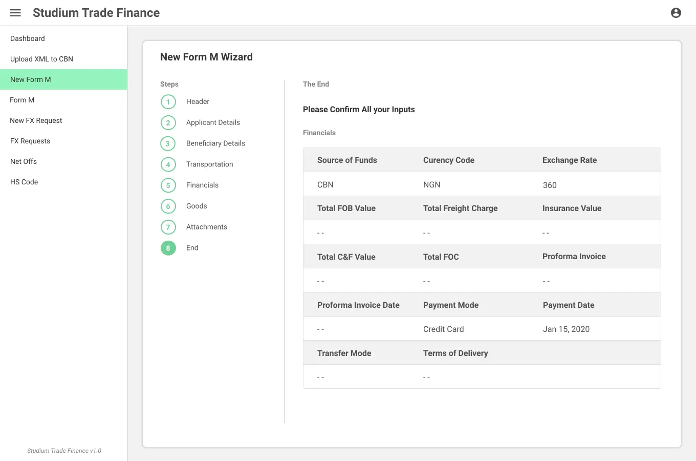 Trade Finance UI/UX Design New Form M - End - Part 3 screen