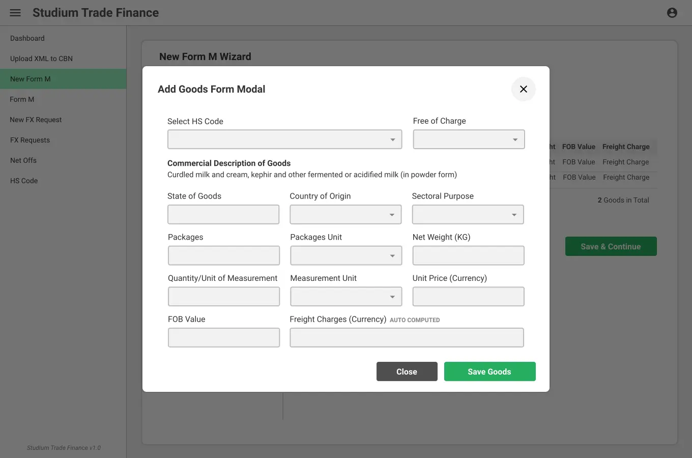 Trade Finance UI/UX Design New Form M - Goods - Add Goods screen