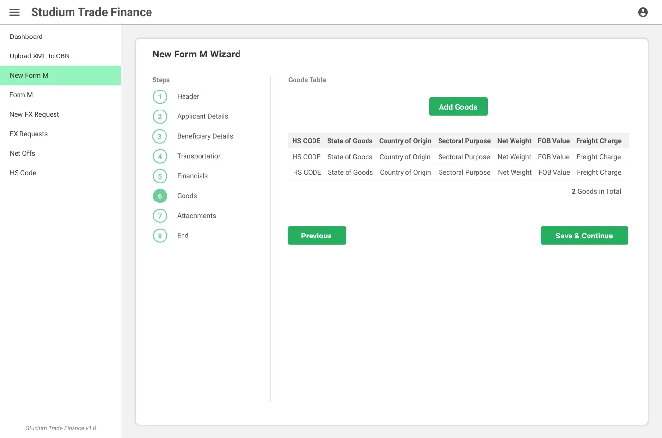 Trade Finance UI/UX Design New Form M - Goods screen
