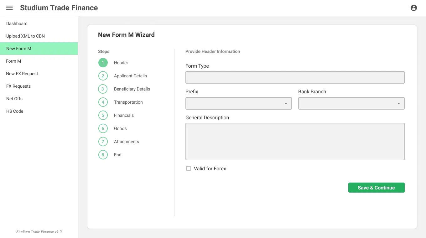 Trade Finance UI/UX Design New Form M - Header screen