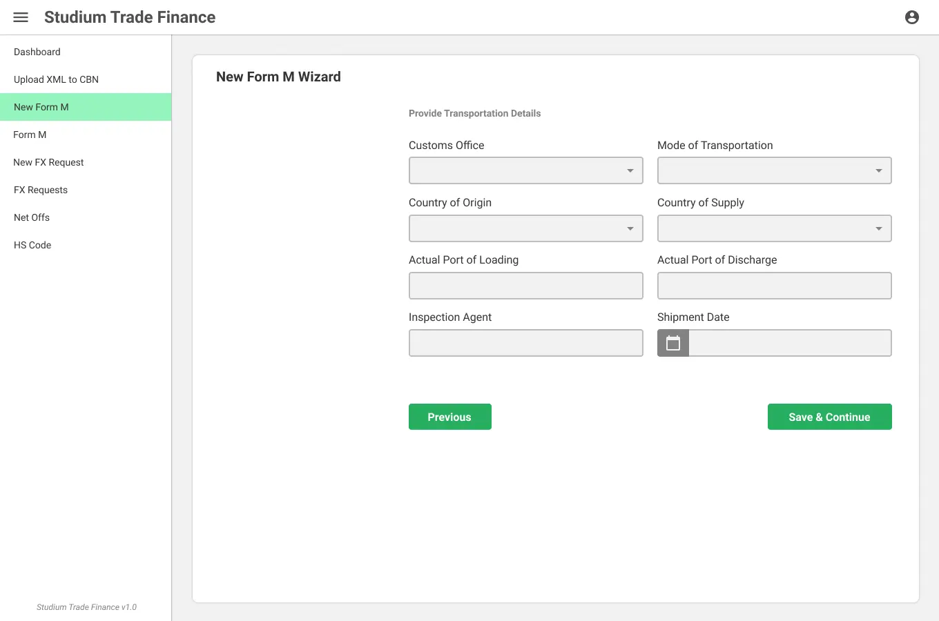 Trade Finance UI/UX Design New Form M - Transportation screen