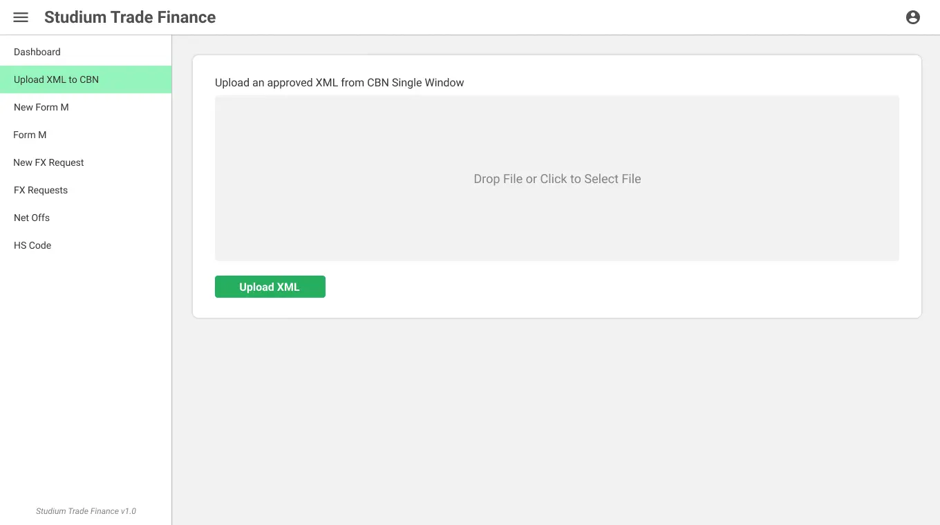 Trade Finance UI/UX Design Upload XML to CBN screen