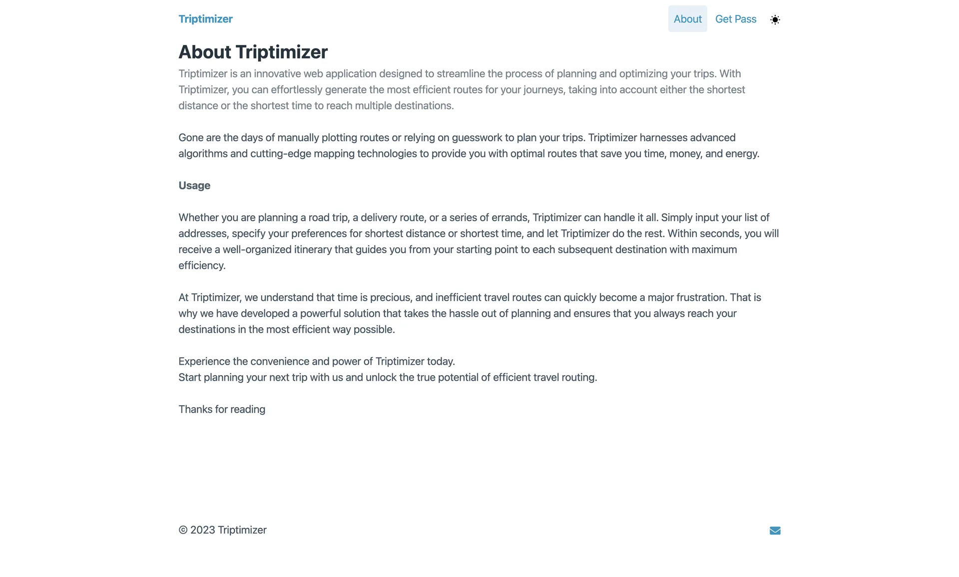 Triptimizer About page