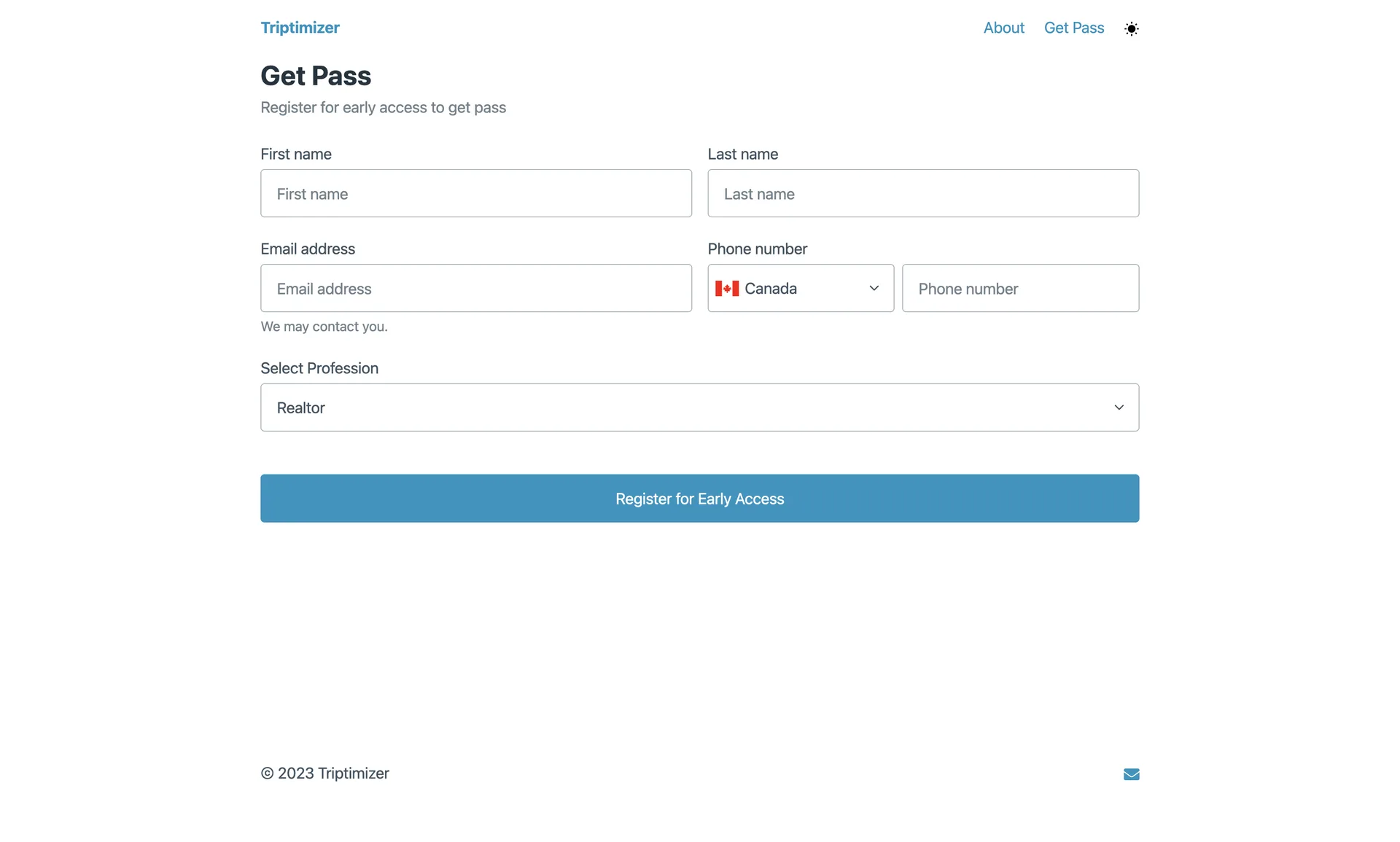 Triptimizer Get Pass registration page