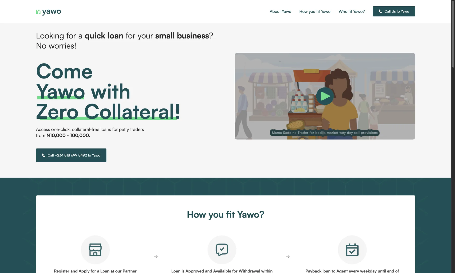 Yawo homepage promoting collateral-free loans for small businesses
